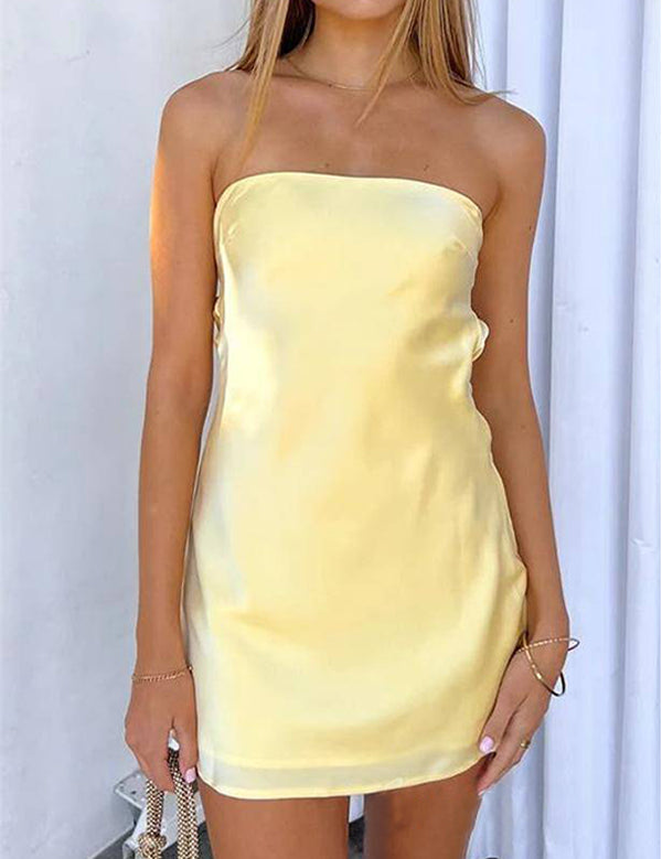 Yellow Strapless Tight Homecoming Dress with Open Back
