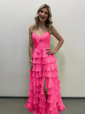 Yellow Tie-Front Sweetheart Neckline Tiered Ruffle Prom Dress with Slit