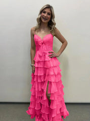 Yellow Tie-Front Sweetheart Neckline Tiered Ruffle Prom Dress with Slit