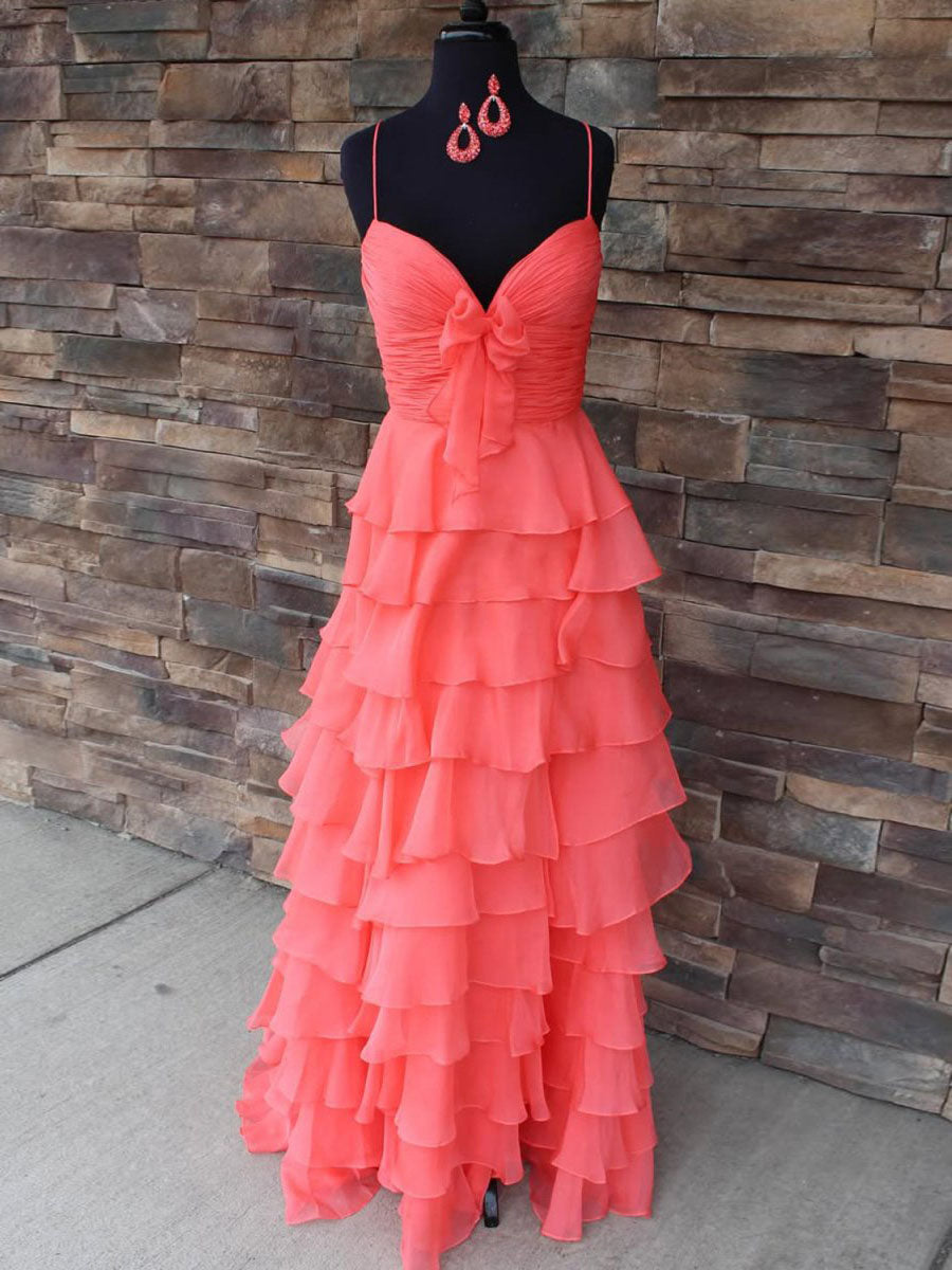 Yellow Tie-Front Sweetheart Neckline Tiered Ruffle Prom Dress with Slit