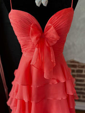 Yellow Tie-Front Sweetheart Neckline Tiered Ruffle Prom Dress with Slit