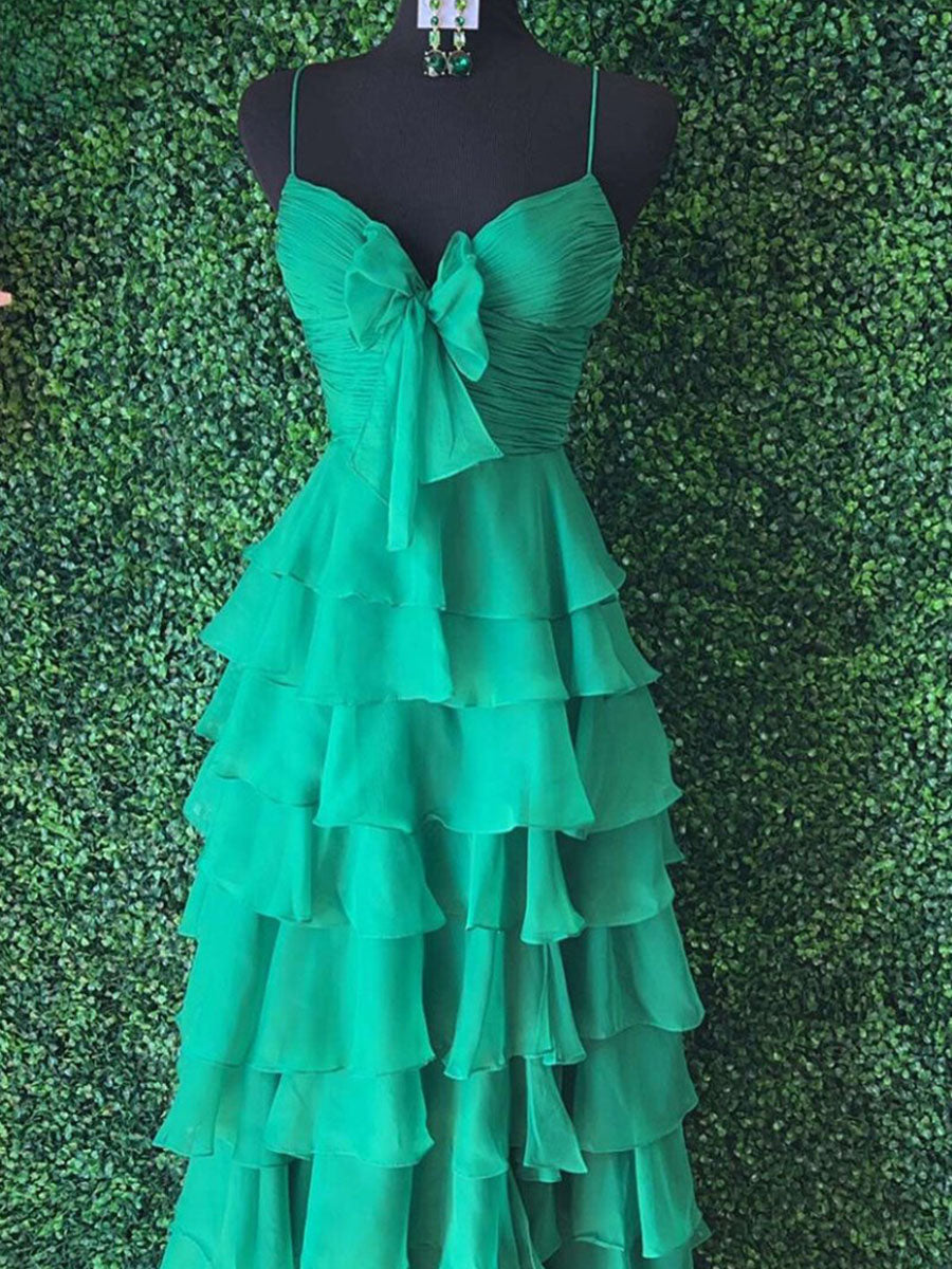 Yellow Tie-Front Sweetheart Neckline Tiered Ruffle Prom Dress with Slit