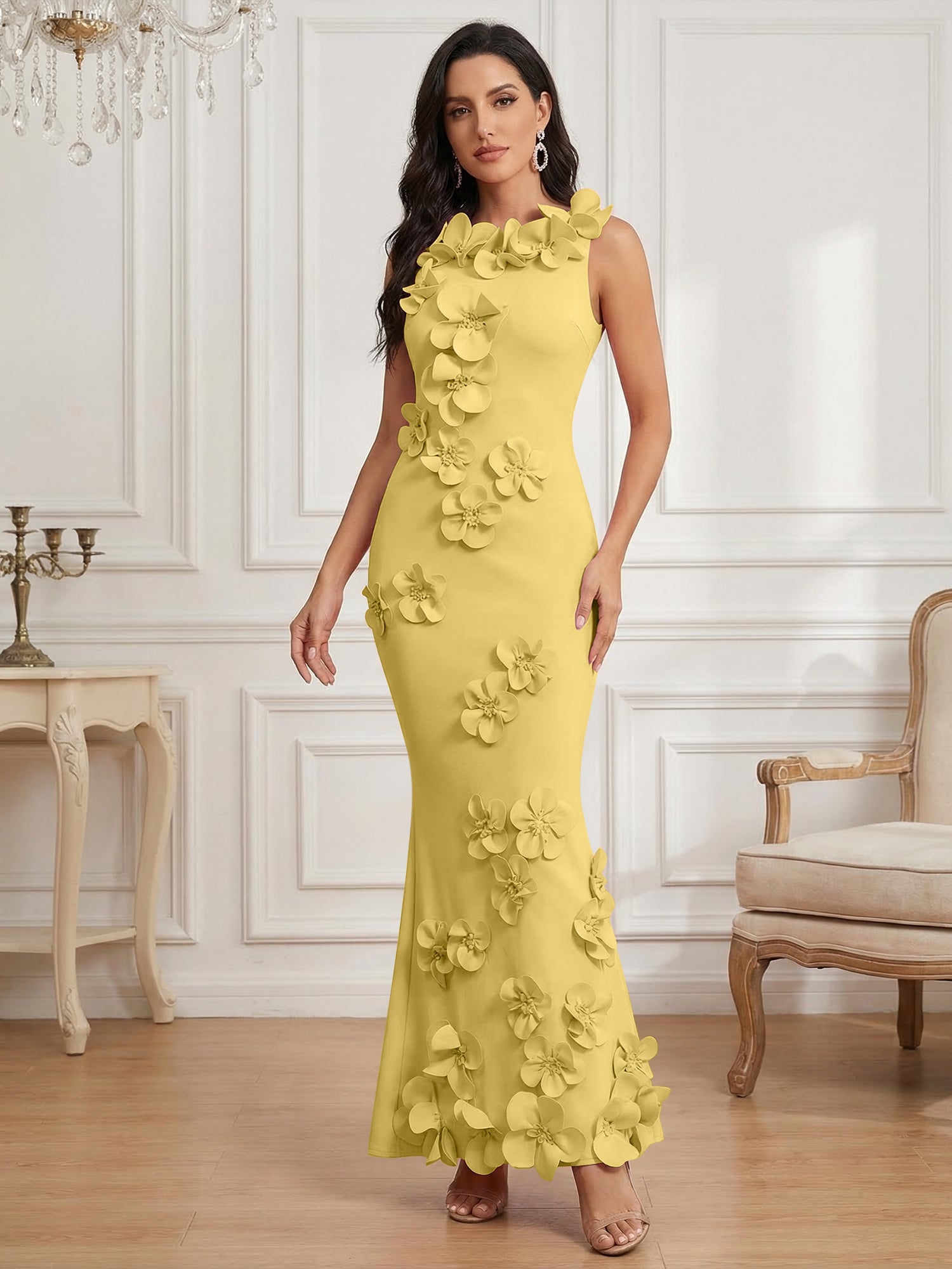 Romantic Pink Sleeveless 3D Floral Mermaid Gown