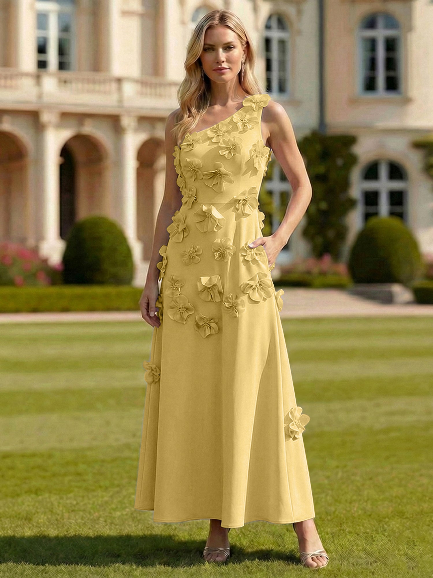 A Line One Shoulder Sleeveless Floor Length Stretch Crepe Dress With 3D Flowers