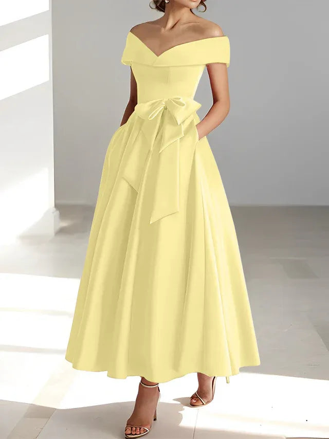 Princess Off-the-Shoulder Sleeveless Ankle-Length Mother of the Bride Dresses with Pockets