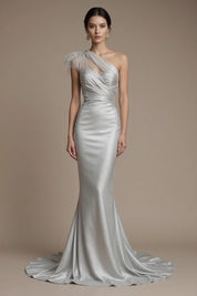 Evening Ball Silver Gray Dress One Shoulder Glitter Pleated Maxi Dress