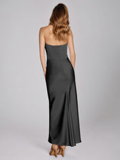 Black Satin Sheath/Column Off The Shoulder Sleeveless Floor Length Dress