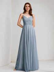 Dusty Blue A-Line V-Neck Floor-Length Lace Tulle Bridesmaid Dress