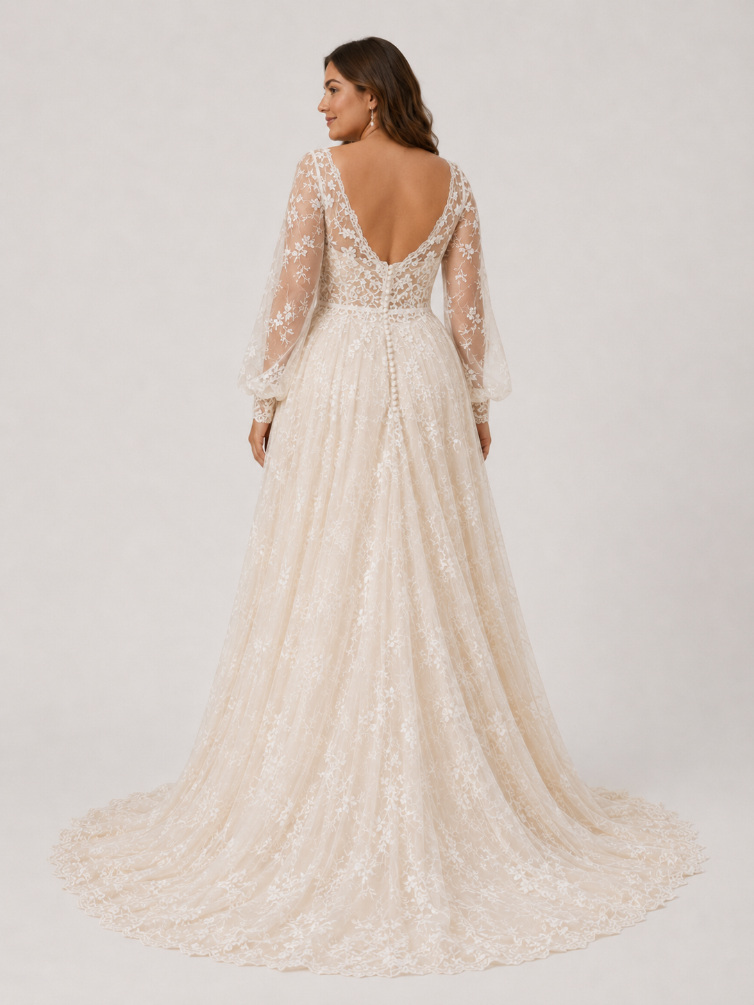 Elegant A-Line Long-Sleeve Lace Wedding Dress with High Slit and Sweep Train