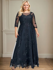 A-line Scoop Illusion Floor-Length Tulle Lace Mother of the Bride Dress With Sequins