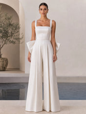 Square Neckline Wide-Leg Wedding Dress with Dramatic Back Bow Detail Bridal Suit