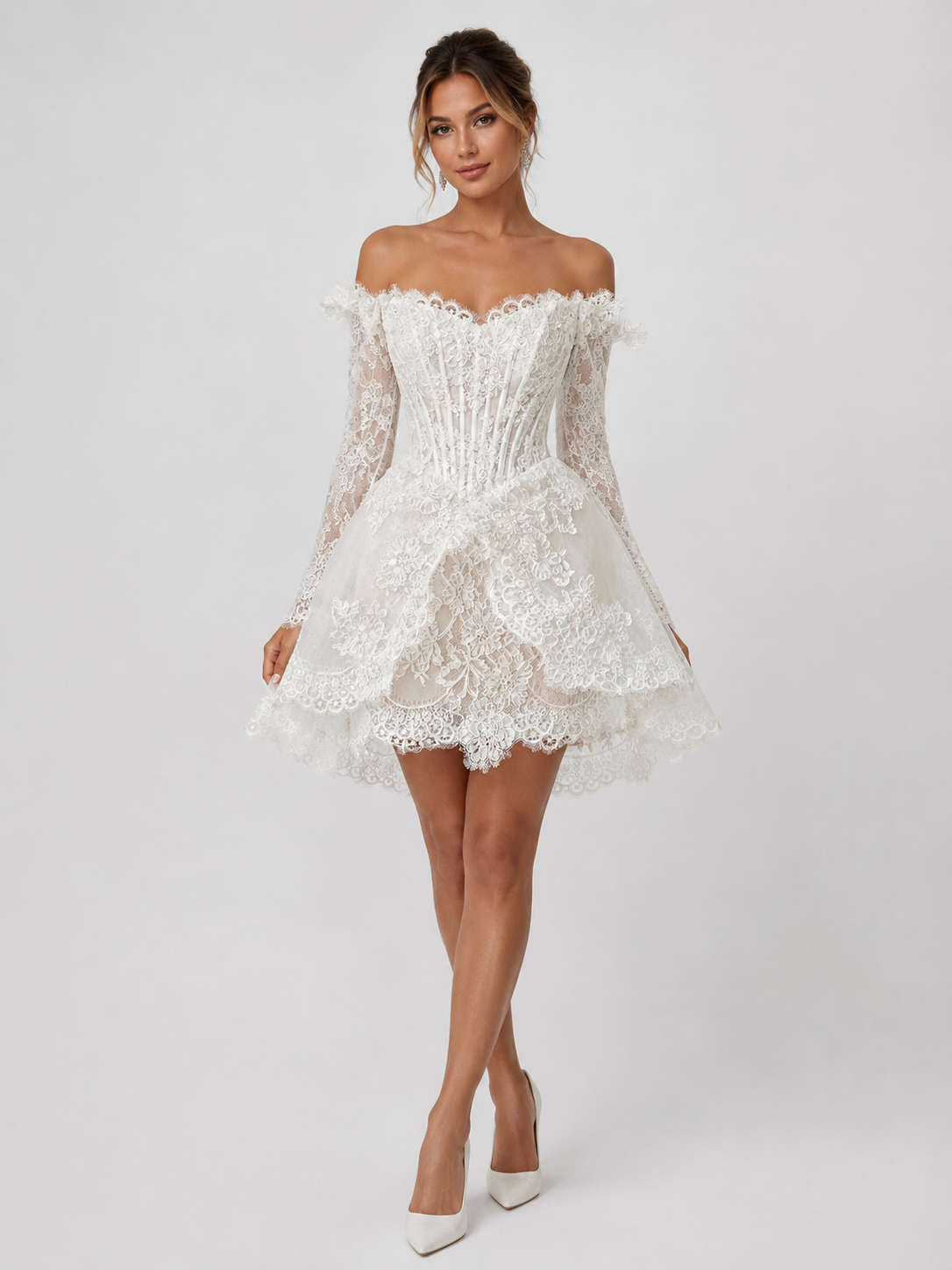 Elegant Off-the-Shoulder Lace Corset Mini Wedding Dress with Long Sleeves and Lace-Up Back