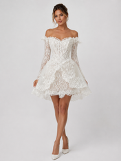 Elegant Off-the-Shoulder Lace Corset Mini Wedding Dress with Long Sleeves and Lace-Up Back