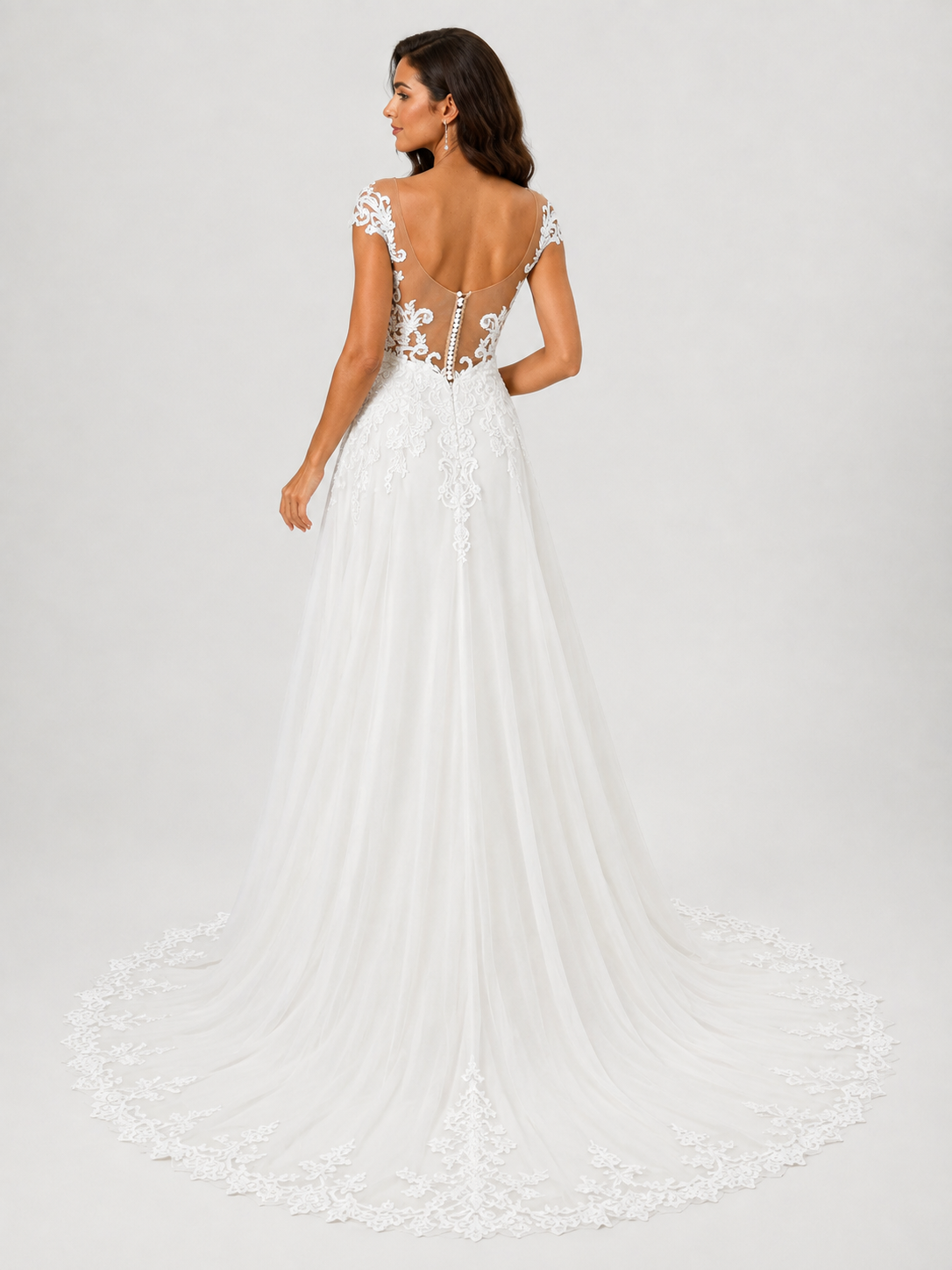Elegant Illusion Scoop Neck Lace Applique Tulle A-Line Wedding Dress with Chapel Train