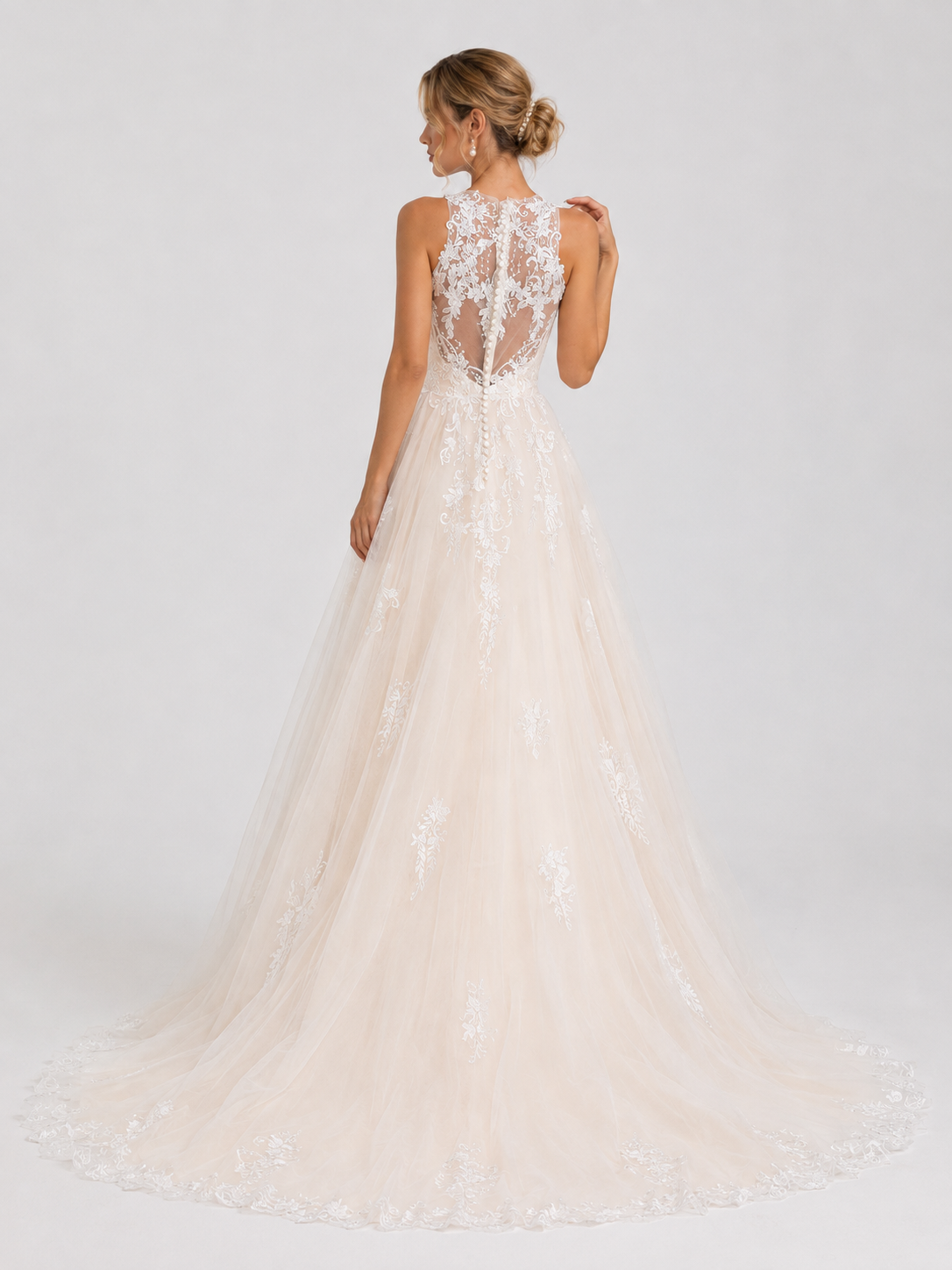 Elegant Illusion High-Neck Lace Applique Tulle A-Line Wedding Dress with Chapel Train