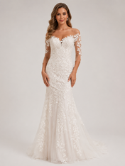Elegant Off-the-Shoulder Illusion Lace Applique Sheath Wedding Dress with Sweep Train