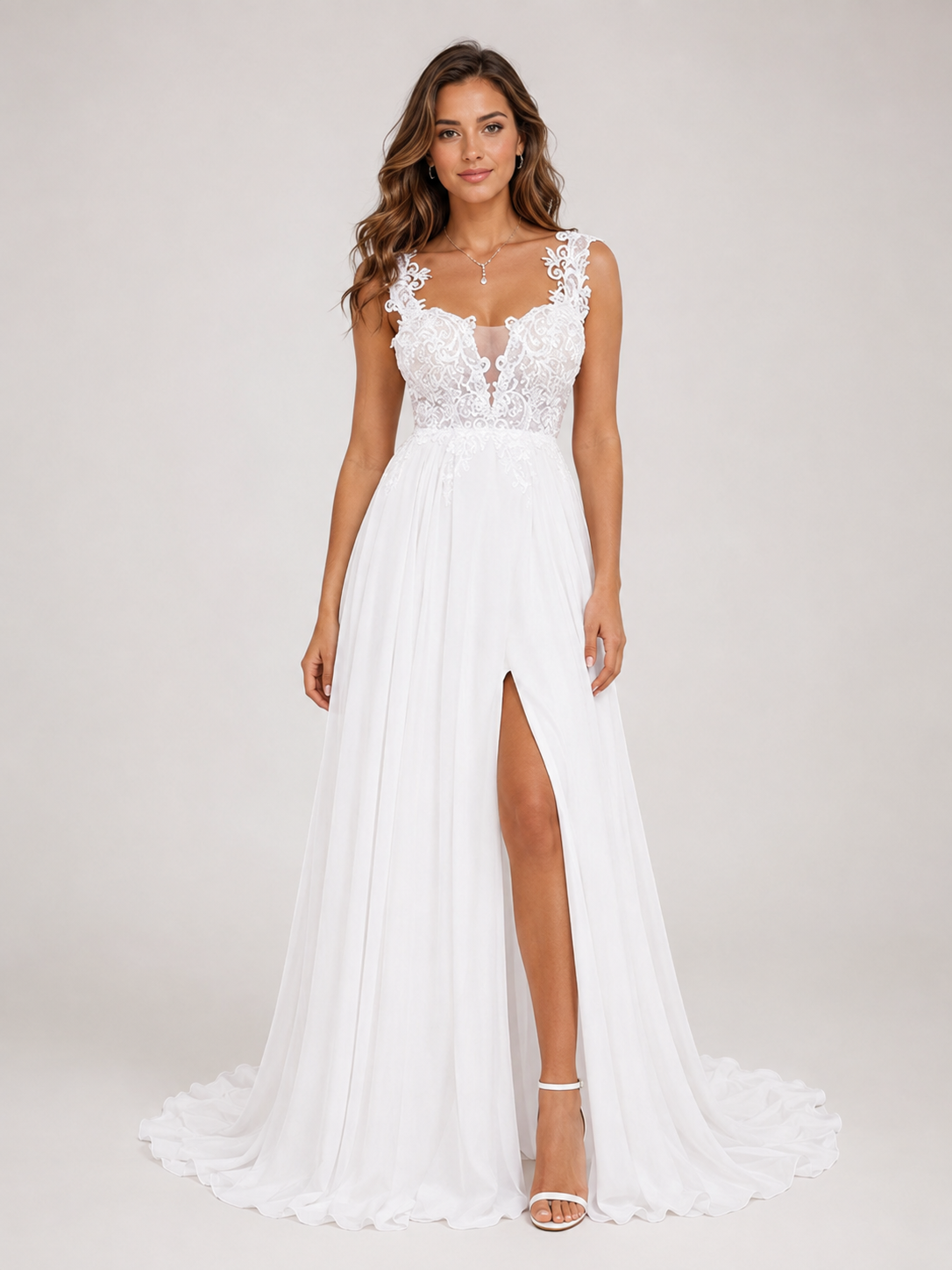 Elegant Scoop Neck Lace Applique Chiffon A-Line Wedding Dress with High Slit and Sweep Train