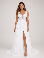 Elegant Scoop Neck Lace Applique Chiffon A-Line Wedding Dress with High Slit and Sweep Train