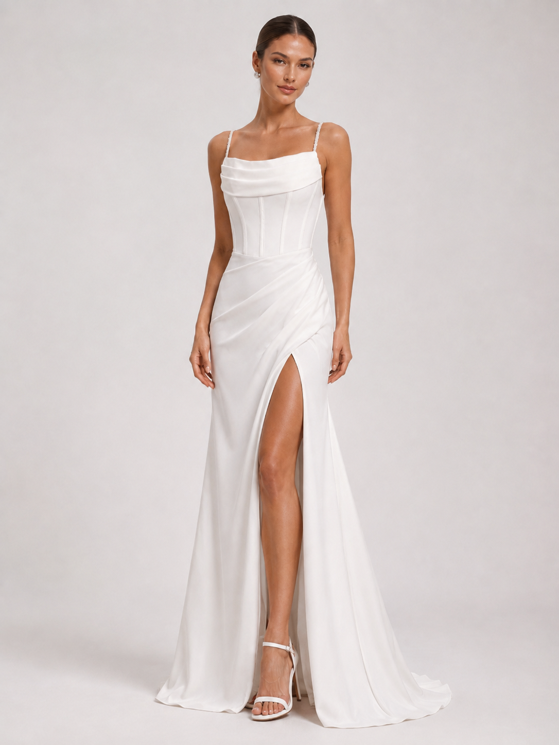 Elegant Draped Cowl-Neck Satin Sheath Wedding Dress with High Slit and Chapel Train