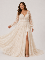 Elegant A-Line Long-Sleeve Lace Wedding Dress with High Slit and Sweep Train
