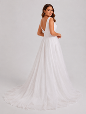 Elegant V-Neck Sparkly Tulle A-Line Wedding Dress with Chapel Train