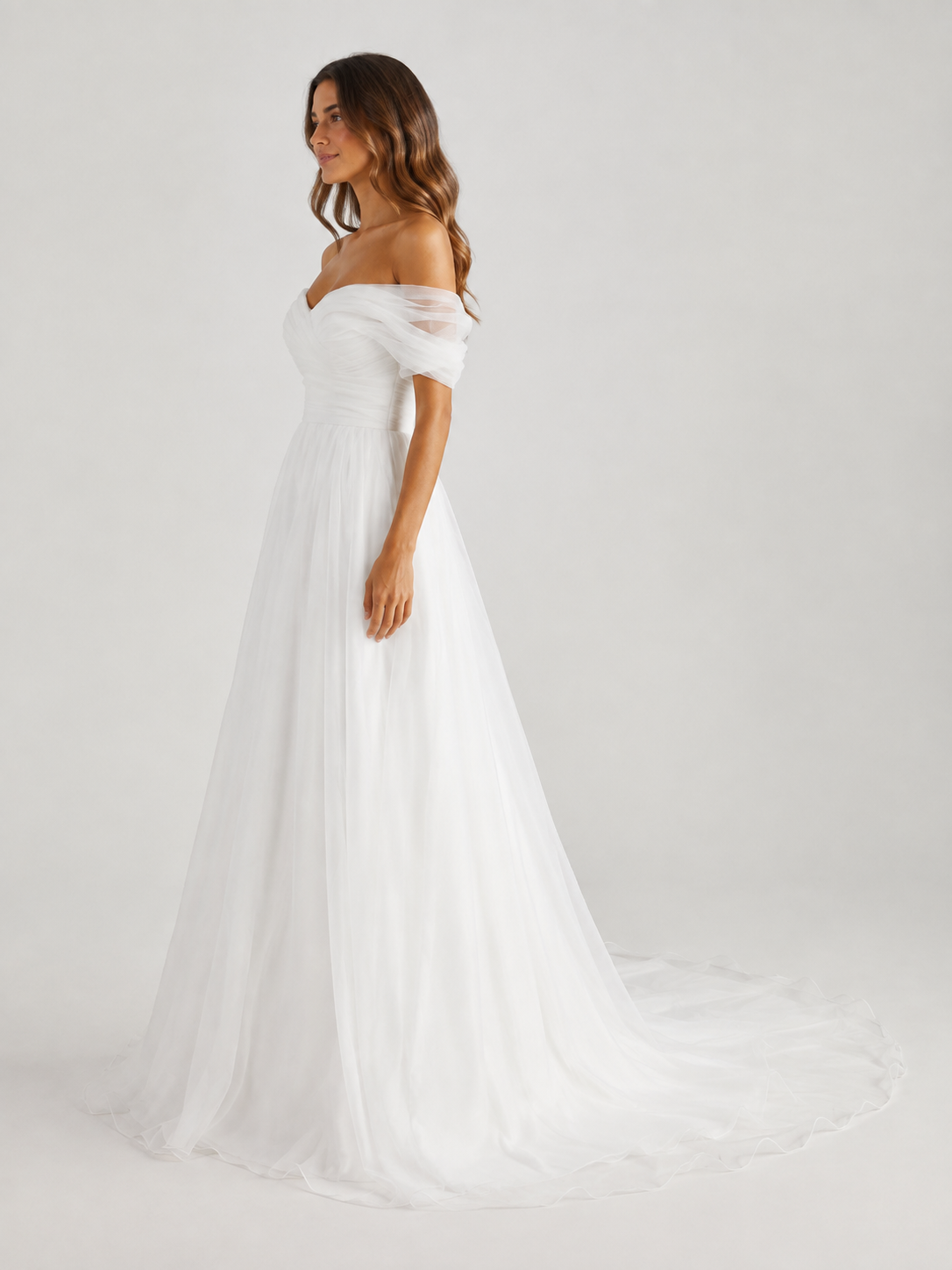 Elegant Off-the-Shoulder Ruched Tulle A-Line Wedding Dress with Chapel Train