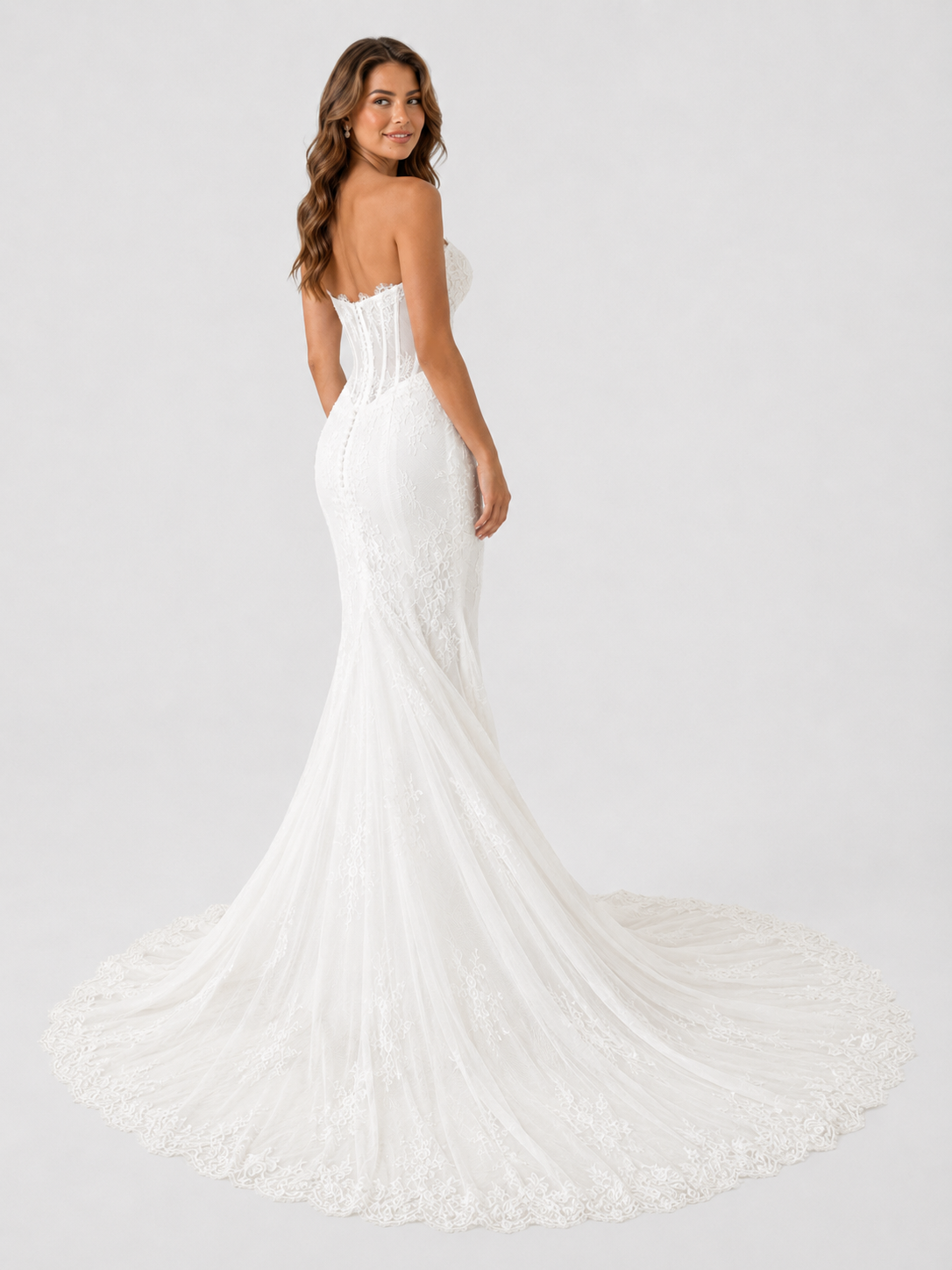 Elegant Strapless Exposed Corset Lace Mermaid Wedding Dress with Chapel Train