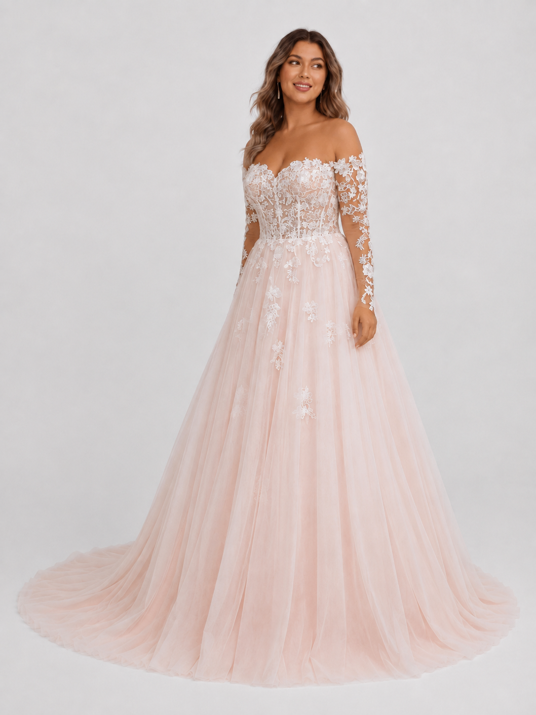 Elegant Off-the-Shoulder Long Sleeve Lace Corset A-Line Wedding Dress with Chapel Train
