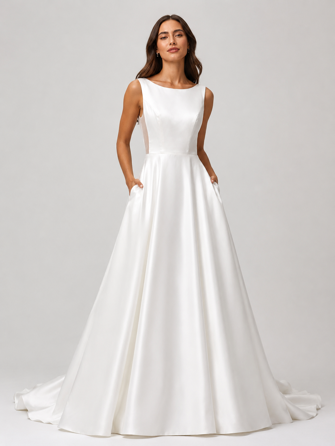 Elegant Scoop Neck Satin A-Line Wedding Dress with Pockets and Chapel Train