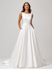 Elegant Scoop Neck Satin A-Line Wedding Dress with Pockets and Chapel Train