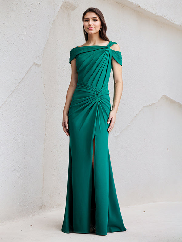 Jade Sheath Asymmetrical Neck Chiffon Long Pleated Bridesmaid Dress With Slit