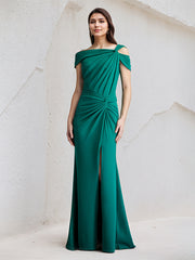 Jade Sheath Asymmetrical Neck Chiffon Long Pleated Bridesmaid Dress With Slit