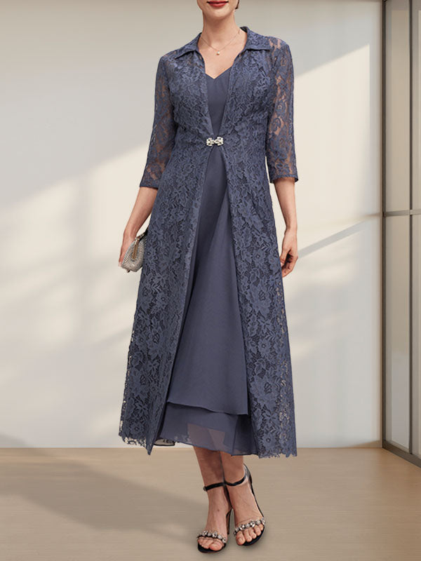 Moss Mother Of The Bride Dresses A-Line Appliques 3/4 Sleeves V-Neck Tea-Length Chiffon Mother Of The Bride Dress