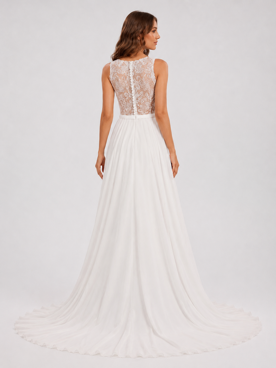 Elegant Plunging V-Neck Lace Bodice Chiffon A-Line Wedding Dress with Chapel Train