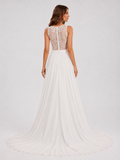 Elegant Plunging V-Neck Lace Bodice Chiffon A-Line Wedding Dress with Chapel Train
