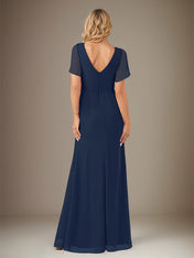 Dark Navy Sheath/Column Chiffon V Neck Short Sleeve Floor Length Dress