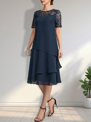 Illusion Neckline Chiffon Knee-Length Lace Dress Chocolate Plus Size