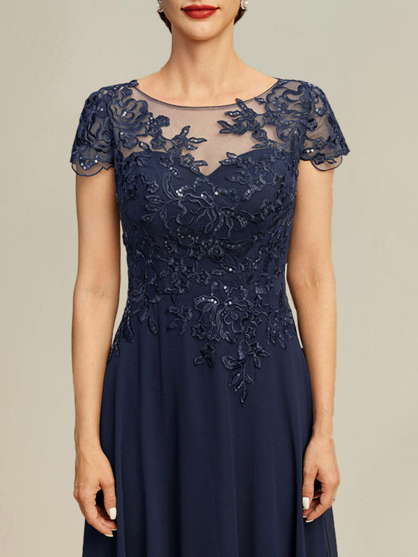 Dariela Luxe Illusion Half Sleeves Scoop Lace Chiffon Mother Of The Bride Dresses