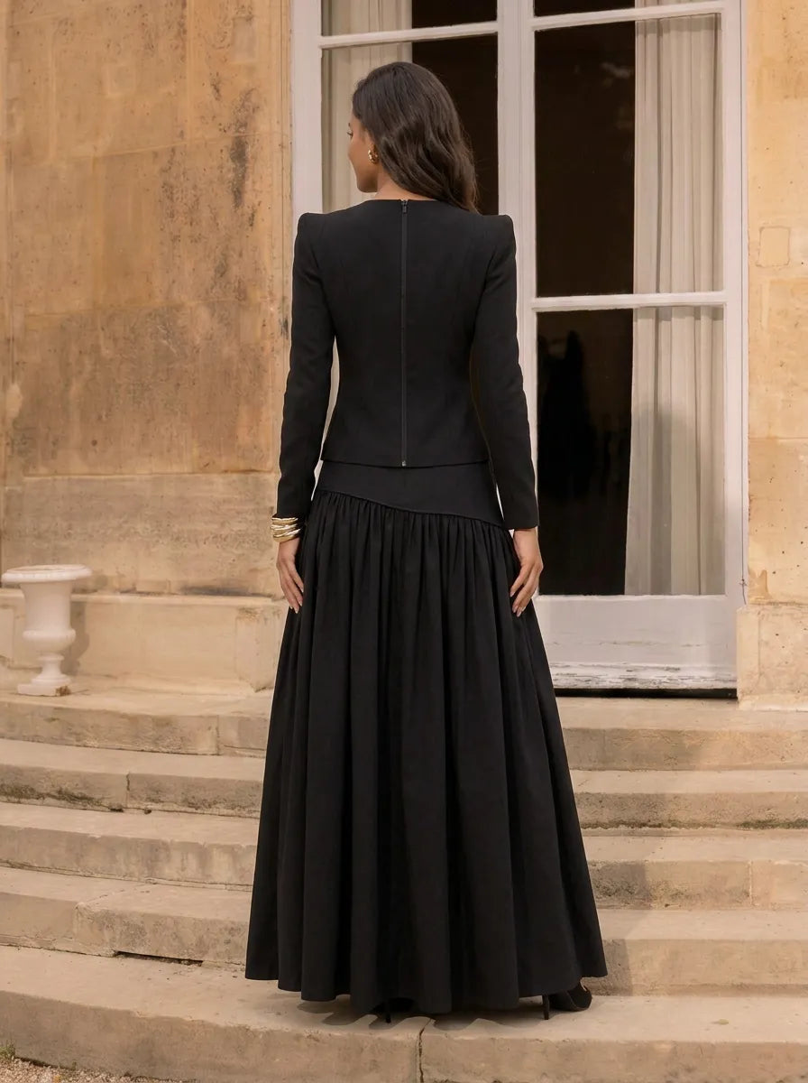 Black Long-Sleeve Jacket and Pleated Skirt Two-Piece Evening Dress