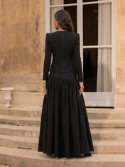 Black Long-Sleeve Jacket and Pleated Skirt Two-Piece Evening Dress