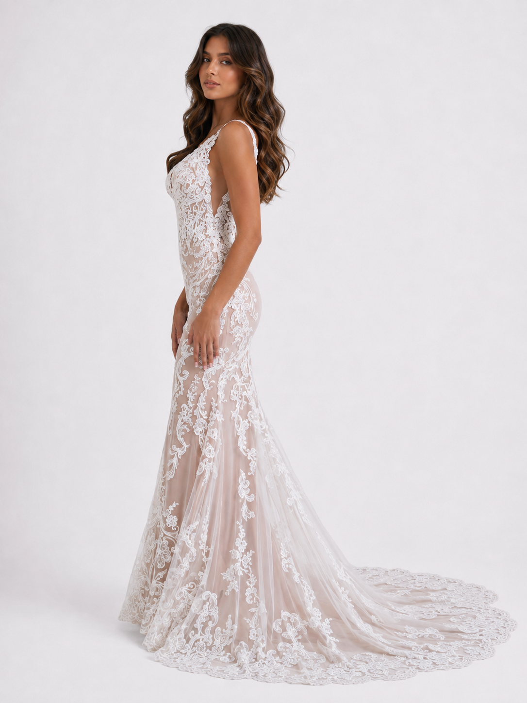 Elegant Illusion V-Neck Lace Appliqué Mermaid Wedding Dress with Chapel Train