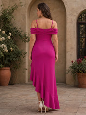 Off-the-Shoulder Ruffled High-Low Column Gown Bridesmaid Dress