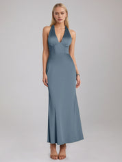 Slate Blue Sheath/Column Satin Halter Sleeveless Ankle Length Dress