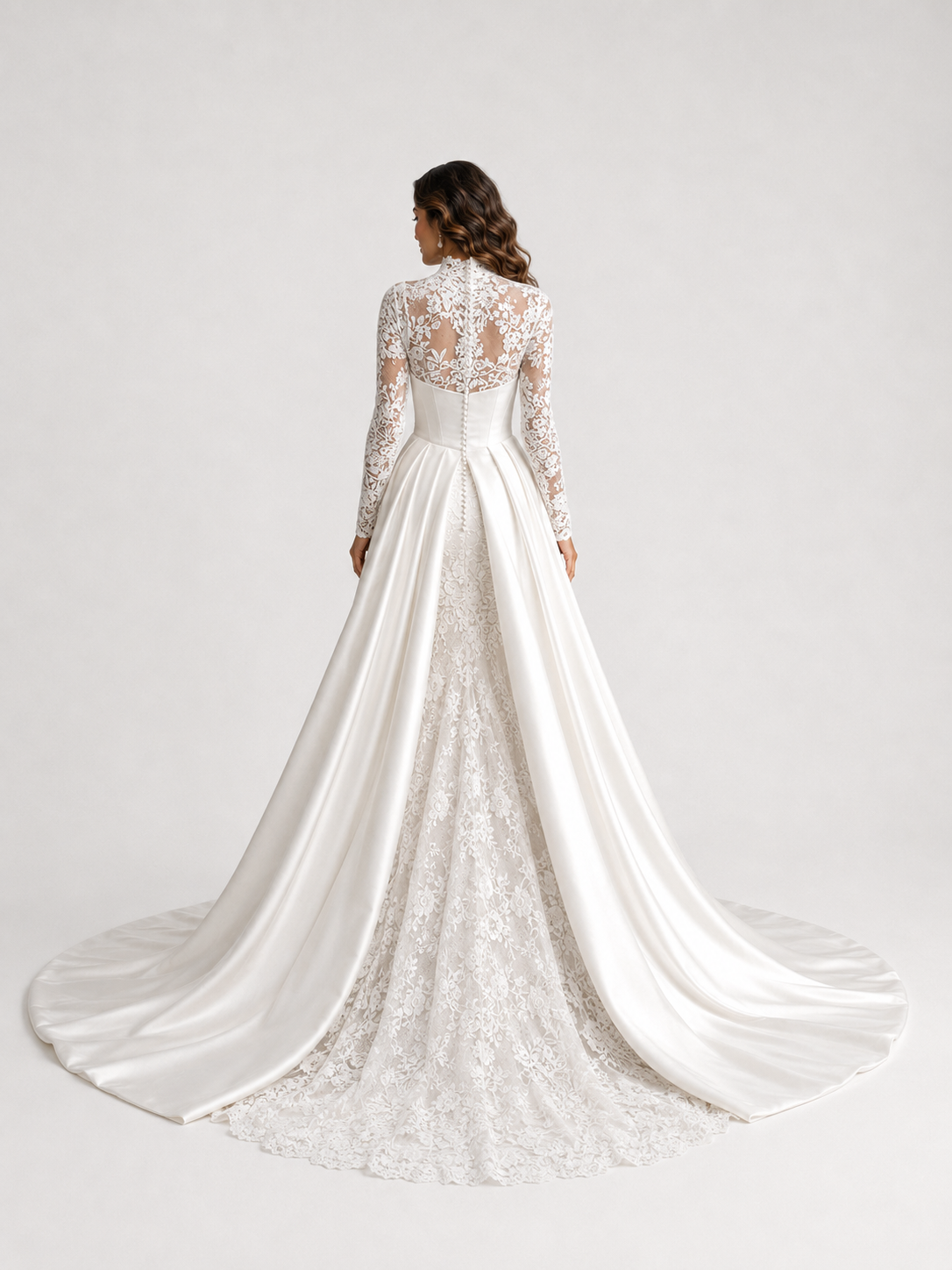 Elegant Lace Applique High Neck Mermaid Wedding Dress with Detachable Train