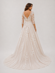 Elegant Illusion V-Neck Lace Applique Tulle A-Line Wedding Dress with Chapel Train