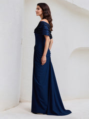 Royal Blue Sheath/Column Off The Shoulder Floor Length Stretch Crepe Dress