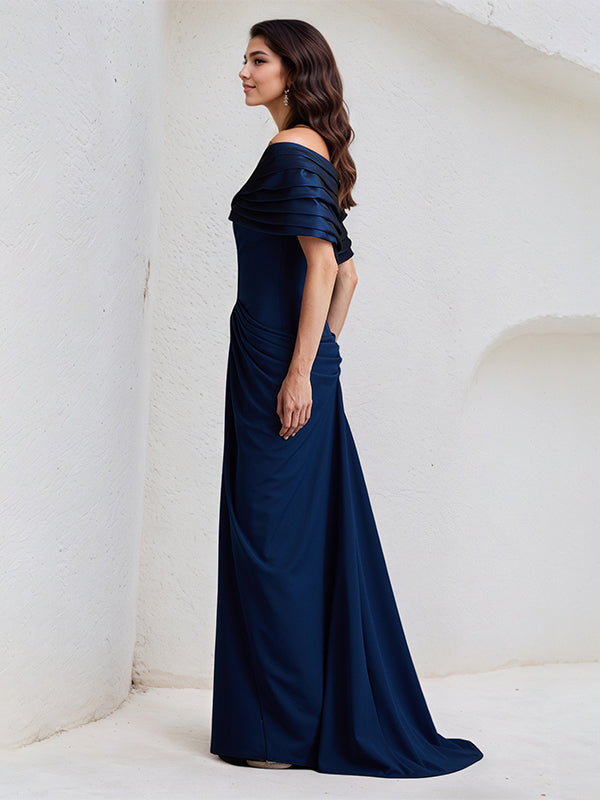 Royal Blue Sheath/Column Off The Shoulder Floor Length Stretch Crepe Dress
