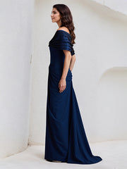 Royal Blue Sheath/Column Off The Shoulder Floor Length Stretch Crepe Dress