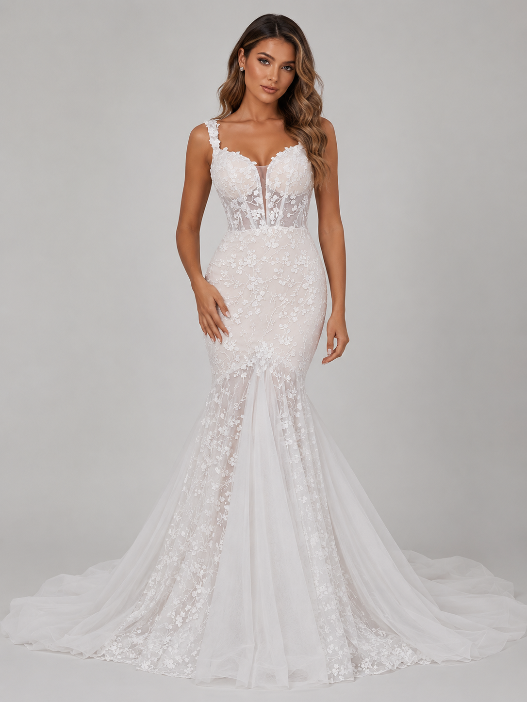 Elegant Sweetheart Floral Lace Mermaid Wedding Dress with Chapel Train