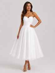 Elegant Strapless Ruched Satin A-Line Midi Wedding Dress